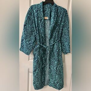 #2805 - Hello! Brand 100% Cotton Navy Blue with Aqua Rose Pattern Overall Robe